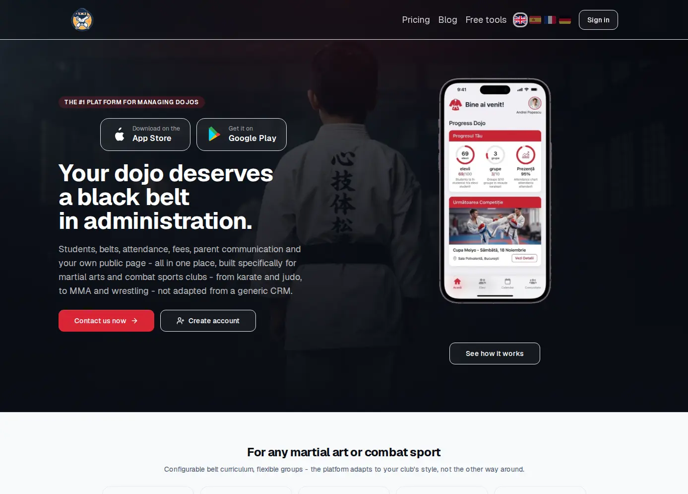 Началната страница на Dojos app: ученици, колани, присъствия и такси на едно място, с мобилното приложение